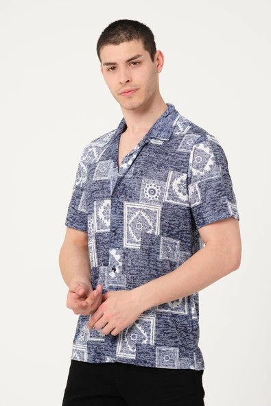 Erkek Regular Fit Desenli Kısa Kollu Gömlek - 7
