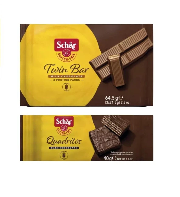 Schar 2’li Çikolatalı Bar Seti - Twin Bar ve Quadritos Sütlü Çikolata Kaplı Gofret Glutensiz Set