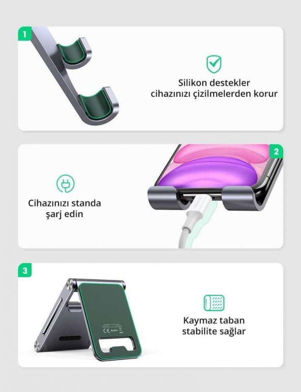 Ugreen Alüminyum Masaüstü Telefon Tablet Tutucu Stand Gri - 8