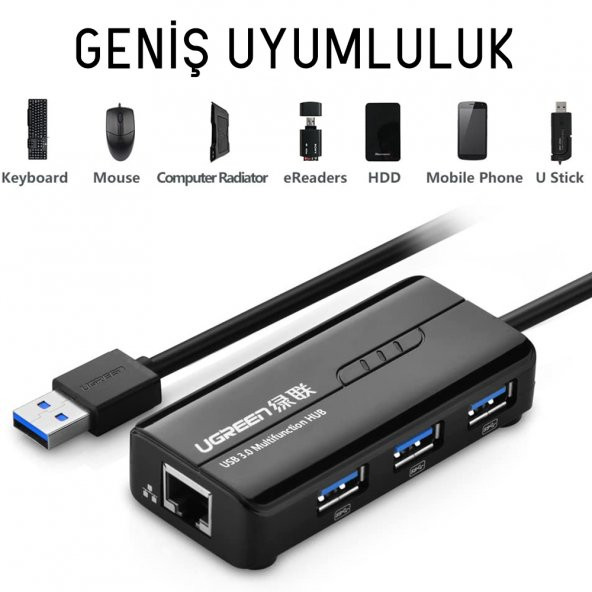 Ugreen USB 3.0 Gigabit Ethernet Dönüştürücü ve 3 Port USB Hub Çoklayıcı - 3