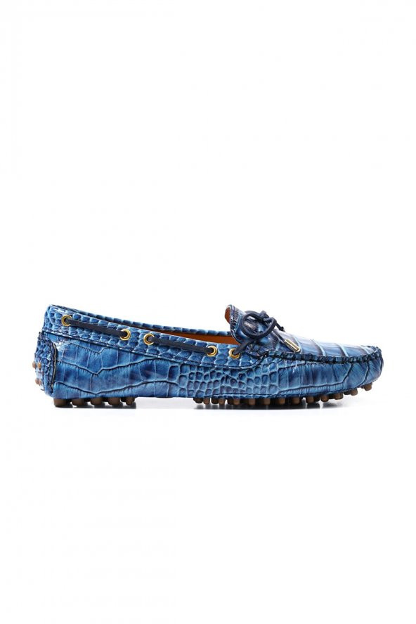Patara Kadın Mavi Kroko Desenli Hakiki Deri Loafer Ayakkabı