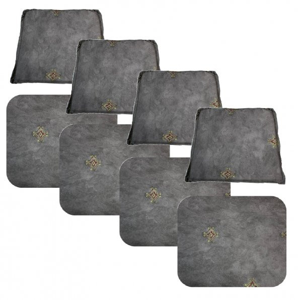 Knsz minder seti 4 lü mazlum gri işlemeli kumaş oturma ve sırt tel sandalyesi minderi bir arada ürün görseli 1