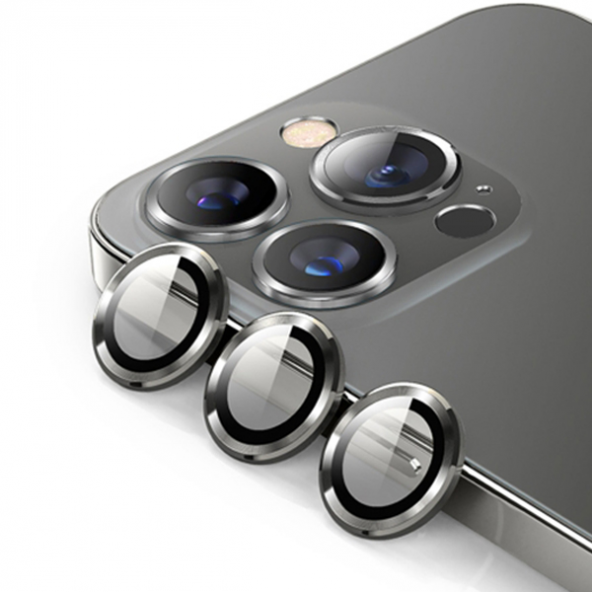 İPhone 13 Pro -13 Pro Max 3D Metal Çerçeveli Kamera Lens Koruyucu - FÜME