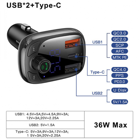 Baseus T typed S-13 Bluetooth FM Transmitter 36W QC 4.0 Dual USB & Type-C Araç Şarj Cihazı - SİYAH - 3