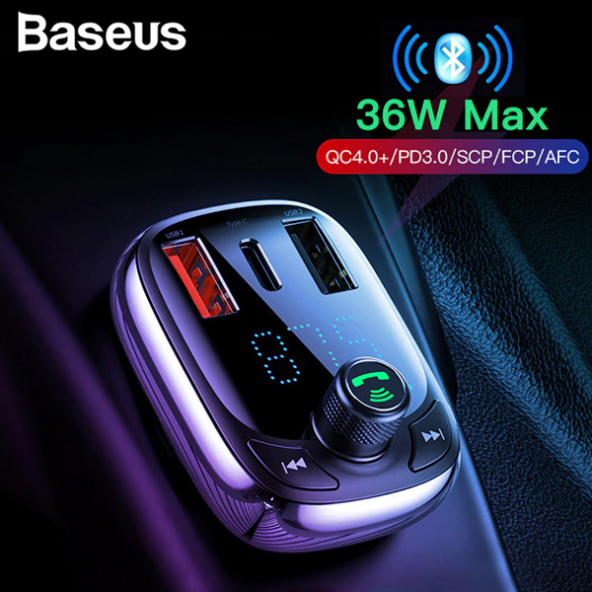 Baseus T typed S-13 Bluetooth FM Transmitter 36W QC 4.0 Dual USB & Type-C Araç Şarj Cihazı - SİYAH - 6