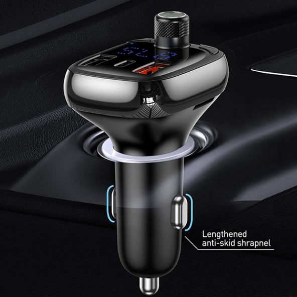 Baseus T typed S-13 Bluetooth FM Transmitter 36W QC 4.0 Dual USB & Type-C Araç Şarj Cihazı - SİYAH - 7