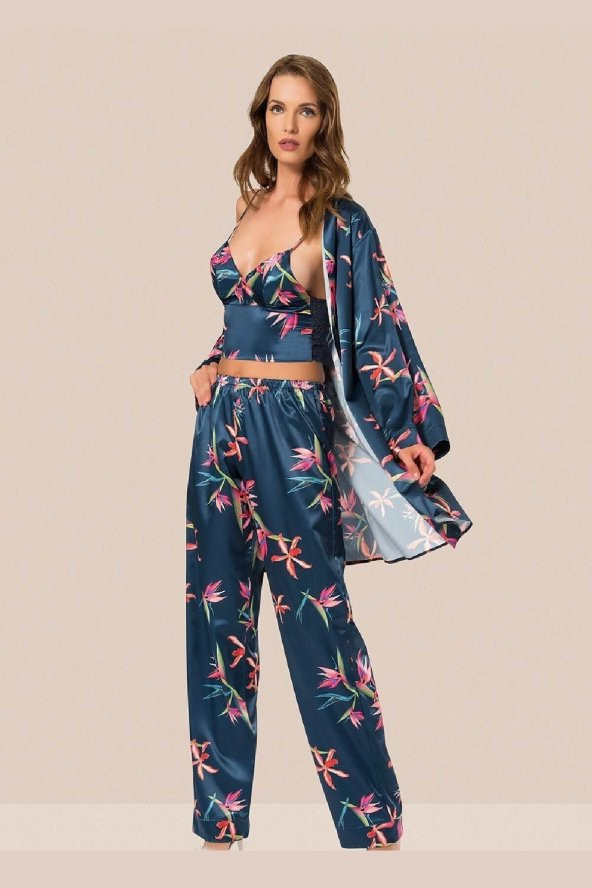 Kadın Yeşil Desenli 3lü Saten Sabahlıklı Pijama Takım 2164 007