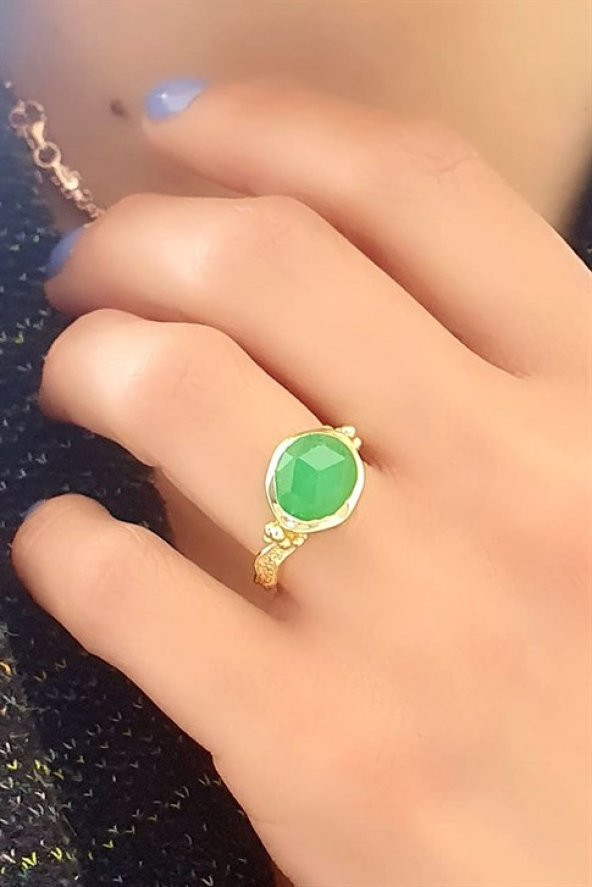 Yeşil Akik Taşlı 925Ayar Gümüş Üzerine Altın Kaplama Tasarım Yüzük - 1