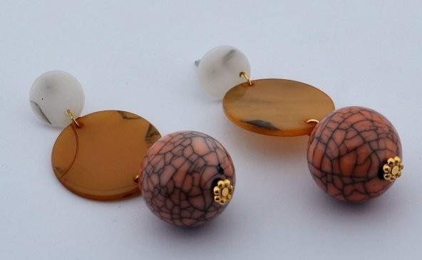 Desenli Yuvarlak Taşlı Renkli Top Küpe