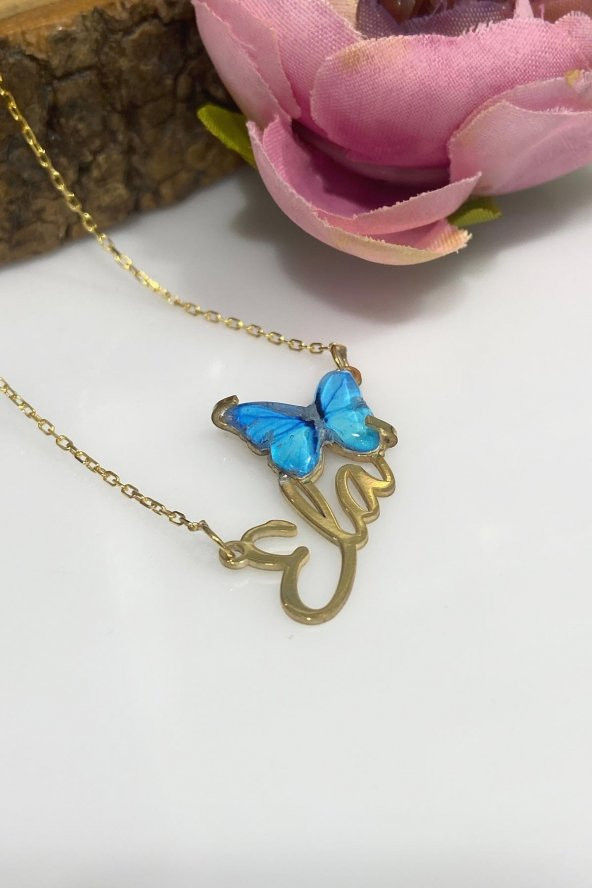 Altın Kaplama Üç Boyut Kelebek İsimli Özel 925 Gümüş Kolye - Resim 3