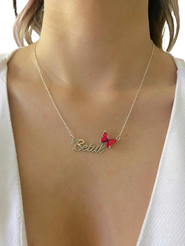 Üç Boyut Kırmızı Kelebek İsim Yazılı Özel 925 Gümüş Kolye - Resim 3