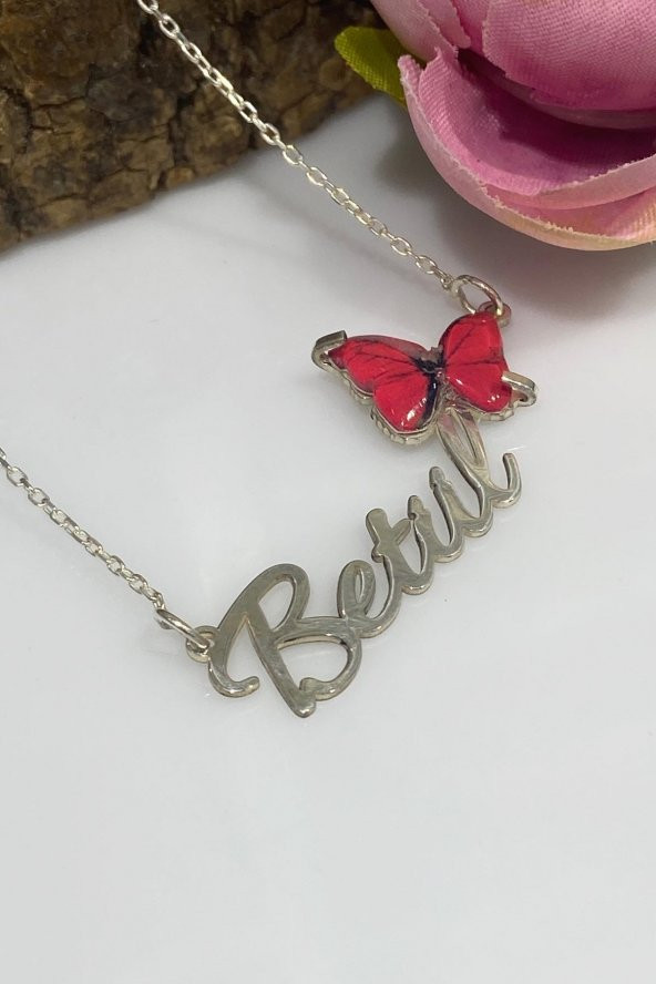 Üç Boyut Kırmızı Kelebek İsim Yazılı Özel 925 Gümüş Kolye - Resim 4
