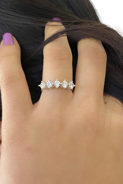 Pırlanta Modeli Zirkon Beş Taş 925 Gümüş Yüzük - 3