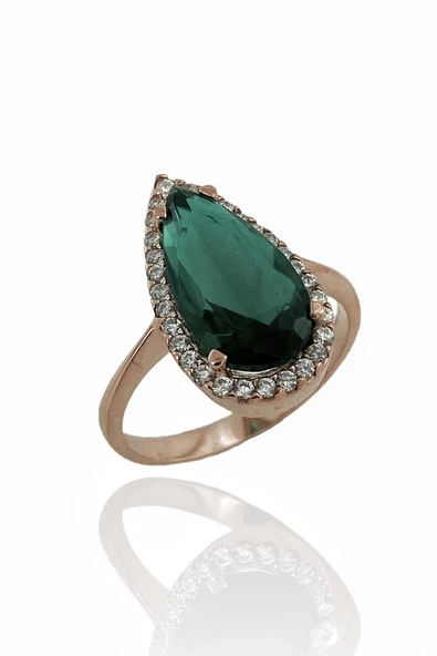 Pırlanta İşçilik Üst Kalite Damla Zümrüt Taş 925 Gümüş Yüzük - Resim 2