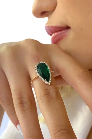 Pırlanta İşçilik Üst Kalite Damla Zümrüt Taş 925 Gümüş Yüzük - Resim 4