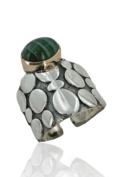 Doğal Malahit Malakit Taş El Üretim Otantik 925 Gümüş Yüzük - Resim 2