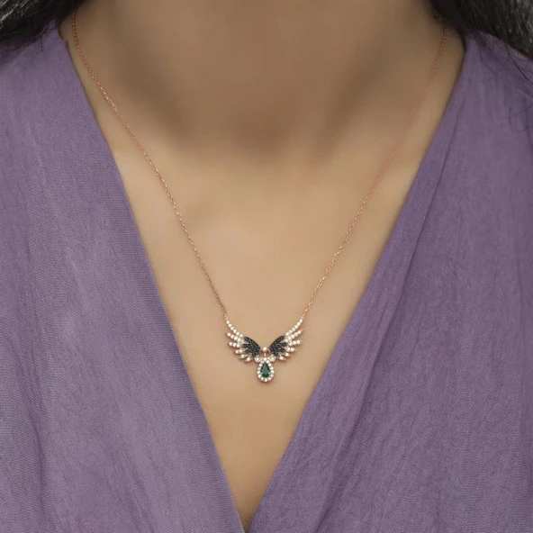 Melek Kanadı Motifli Rose Gümüş Bayan Kolye - 3