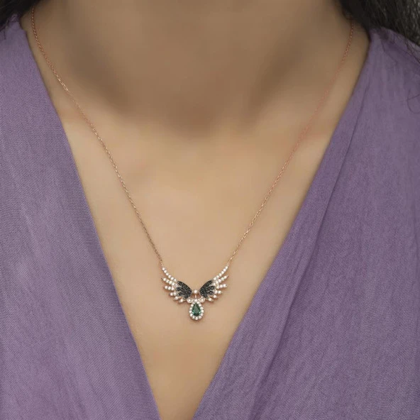 Melek Kanadı Motifli Rose Gümüş Bayan Kolye - 7
