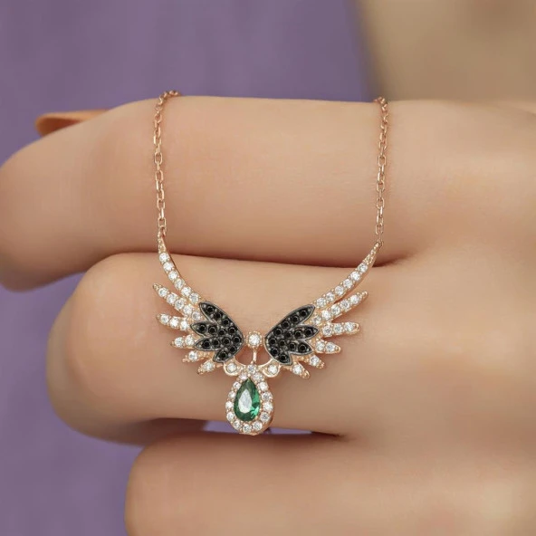 Melek Kanadı Motifli Rose Gümüş Bayan Kolye - 10