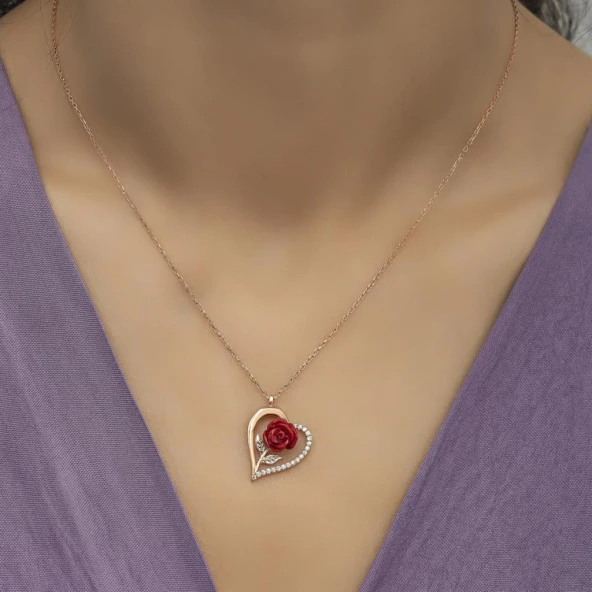 Kırmızı Gül Motifli Zirkon Taşlı Gümüş Bayan Kalp Kolye - 2