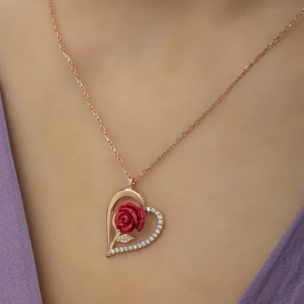 Kırmızı Gül Motifli Zirkon Taşlı Gümüş Bayan Kalp Kolye - 5