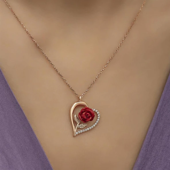 Kırmızı Gül Motifli Zirkon Taşlı Gümüş Bayan Kalp Kolye - 6