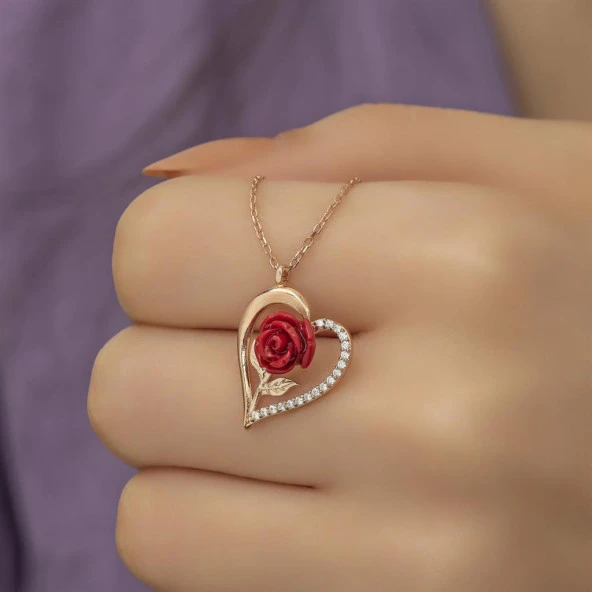 Kırmızı Gül Motifli Zirkon Taşlı Gümüş Bayan Kalp Kolye - 8
