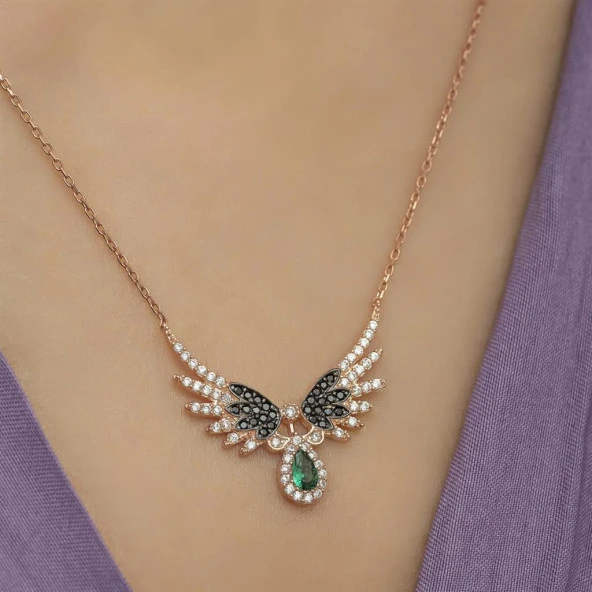 Melek Kanadı Motifli Zirkon Taşlı Gümüş Bayan Kolye - 4