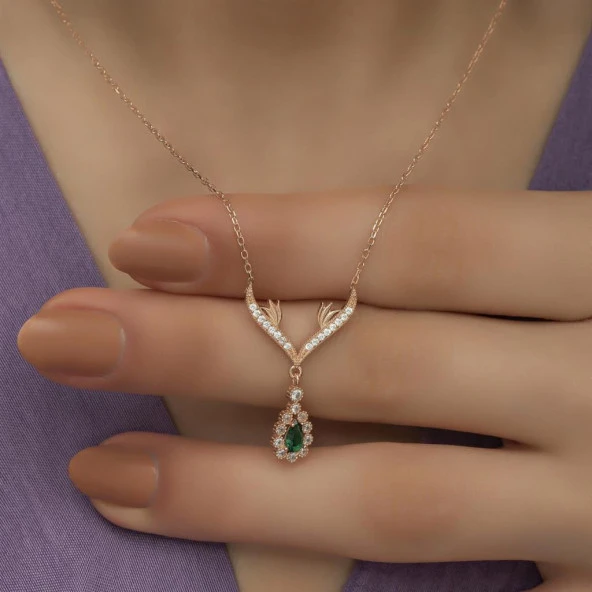 Melek Kanadı Motifli Zirkon Taşlı Gümüş Bayan Kolye - 8