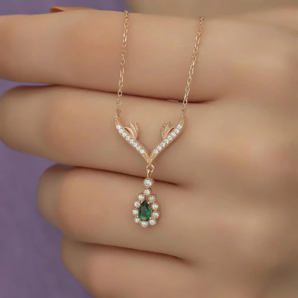 Melek Kanadı Motifli Zirkon Taşlı Gümüş Bayan Kolye - 9