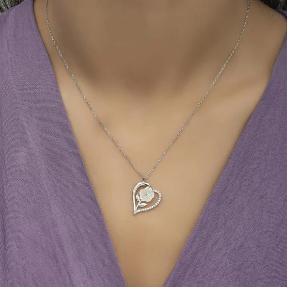 Beyaz Gül Motifli Zirkon Taşlı Gümüş Bayan Kalp Kolye - 8