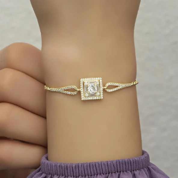 Altın Kaplama Baget Kare Gümüş Bayan Bileklik - 2