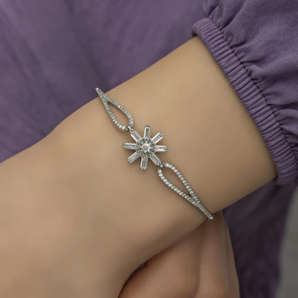 Zirkon Taşlı Güneş Motifli Gümüş Bayan Bileklik - 2
