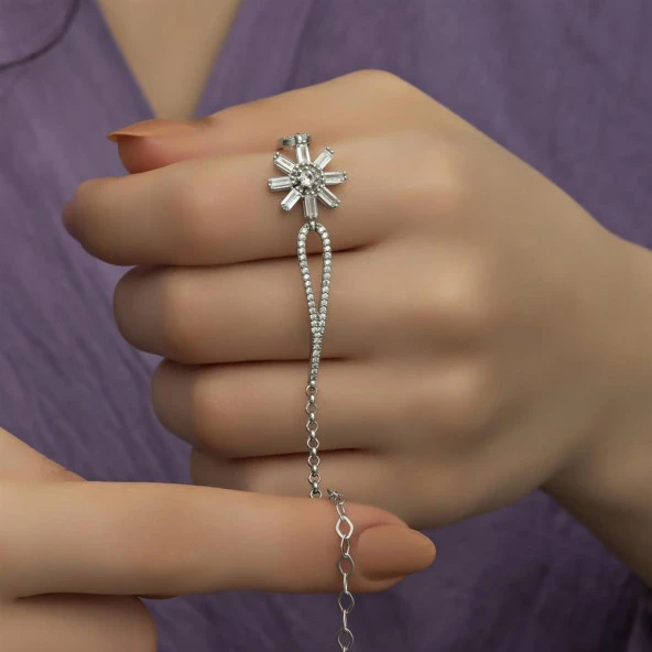 Zirkon Taşlı Güneş Motifli Gümüş Bayan Bileklik - 4