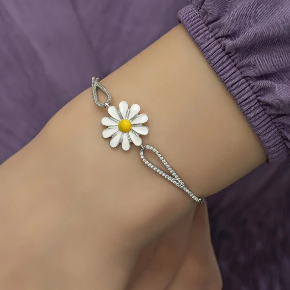 Zirkon Taşlı Mineli Papatya Gümüş Bayan Bileklik - 6