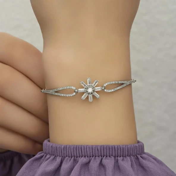 Zirkon Taşlı Güneş Motifli Gümüş Bayan Bileklik - 7