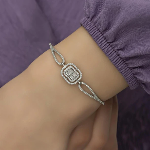 Full Zirkon Taşlı Rodyumlu Baget Gümüş Bayan Bileklik - 3
