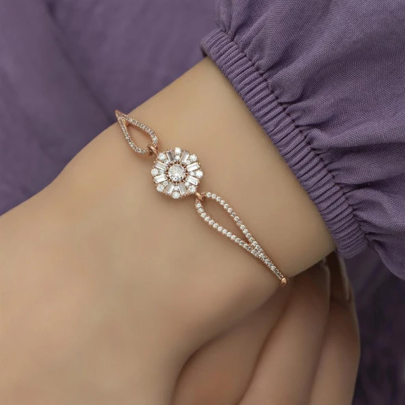 Baget Taşlı Çiçek Motifli Rose Gümüş Bayan Bileklik - 2
