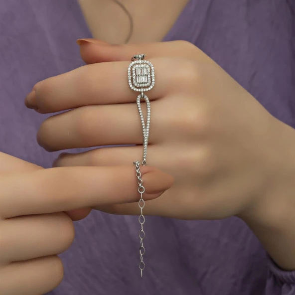 Full Zirkon Taşlı Rodyumlu Baget Gümüş Bayan Bileklik - 5