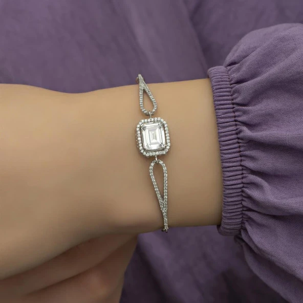 Rodyumlu Melek Kanadı Zirkon Taşlı Gümüş Bayan Bileklik