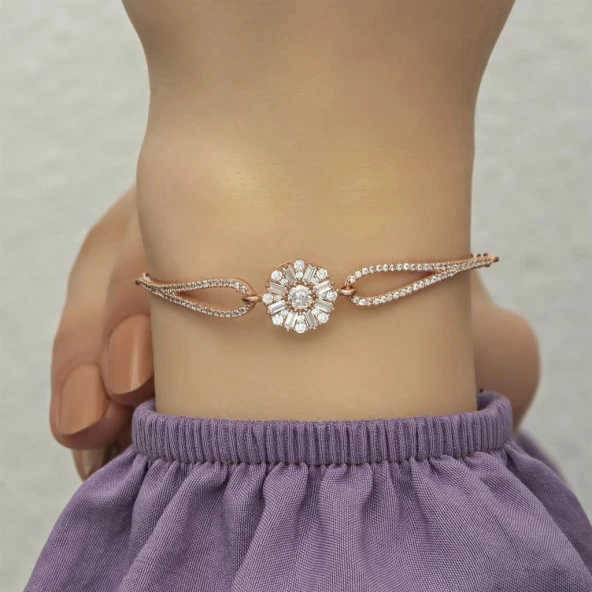 Baget Taşlı Çiçek Motifli Rose Gümüş Bayan Bileklik - 4