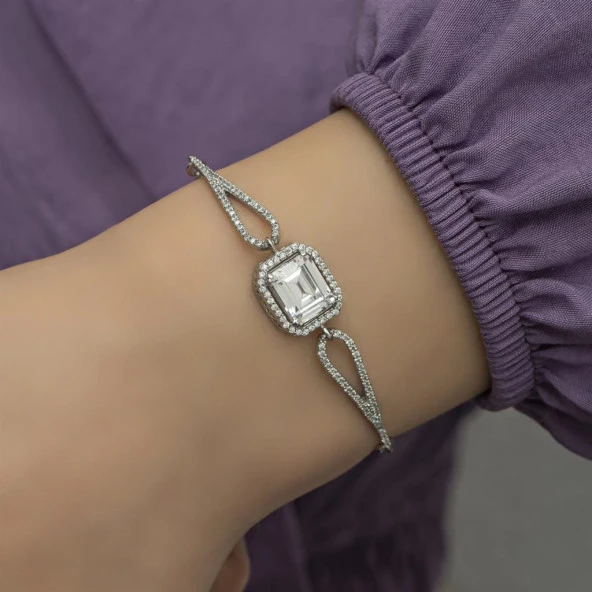 Rodyumlu Melek Kanadı Zirkon Taşlı Gümüş Bayan Bileklik - 2
