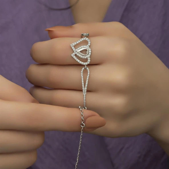 Zirkon Taşlı Çift Kalp Gümüş Bayan Bileklik - 4