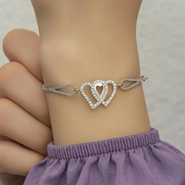 Zirkon Taşlı Çift Kalp Gümüş Bayan Bileklik - 7