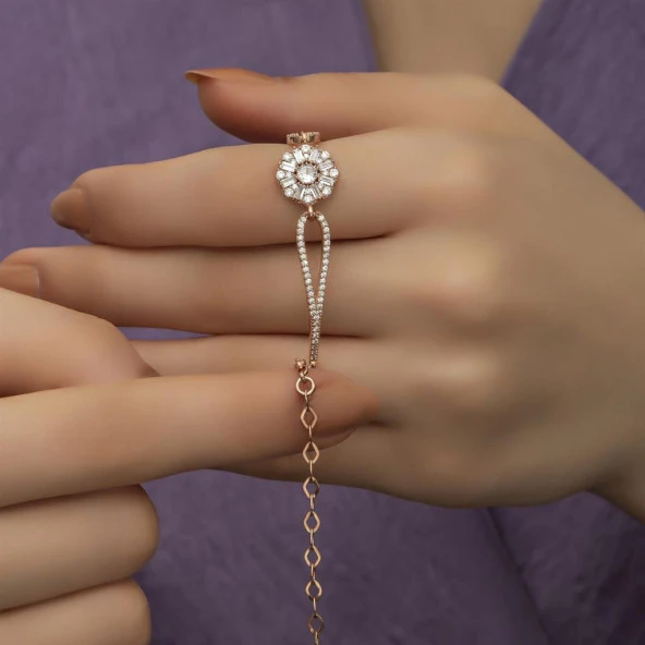 Baget Taşlı Çiçek Motifli Rose Gümüş Bayan Bileklik - 5