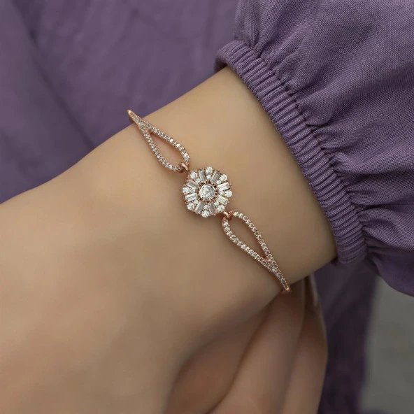 Baget Taşlı Çiçek Motifli Rose Gümüş Bayan Bileklik - 8