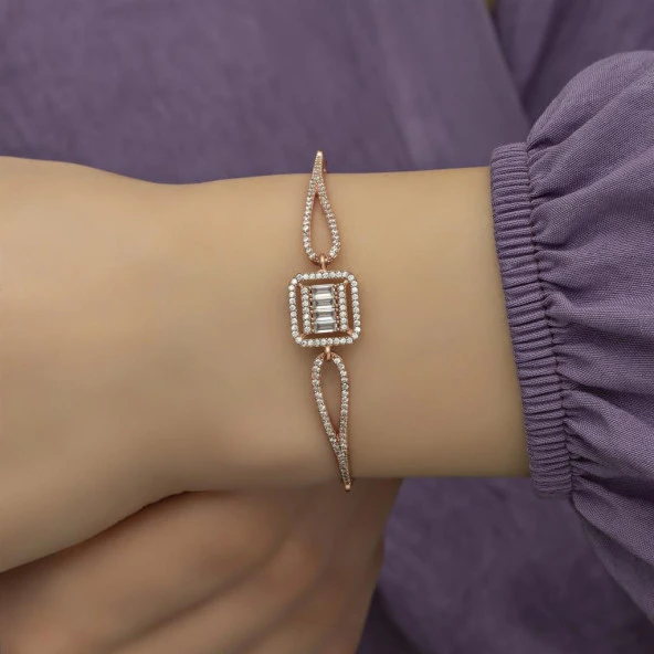 Rose Renk Melek Kanadı Zirkon Taşlı Gümüş Bayan Bileklik - 5