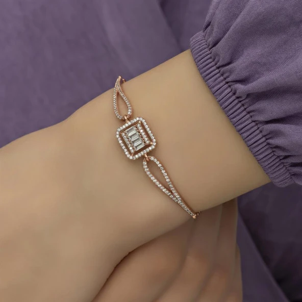 Rose Renk Melek Kanadı Zirkon Taşlı Gümüş Bayan Bileklik - 6