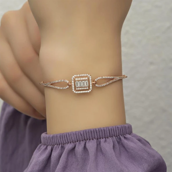 Rose Renk Melek Kanadı Zirkon Taşlı Gümüş Bayan Bileklik - 7