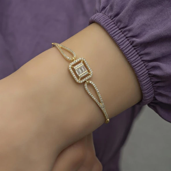 Altın Kaplama Baget Zirkon Taşlı Gümüş Bayan Bileklik - 2